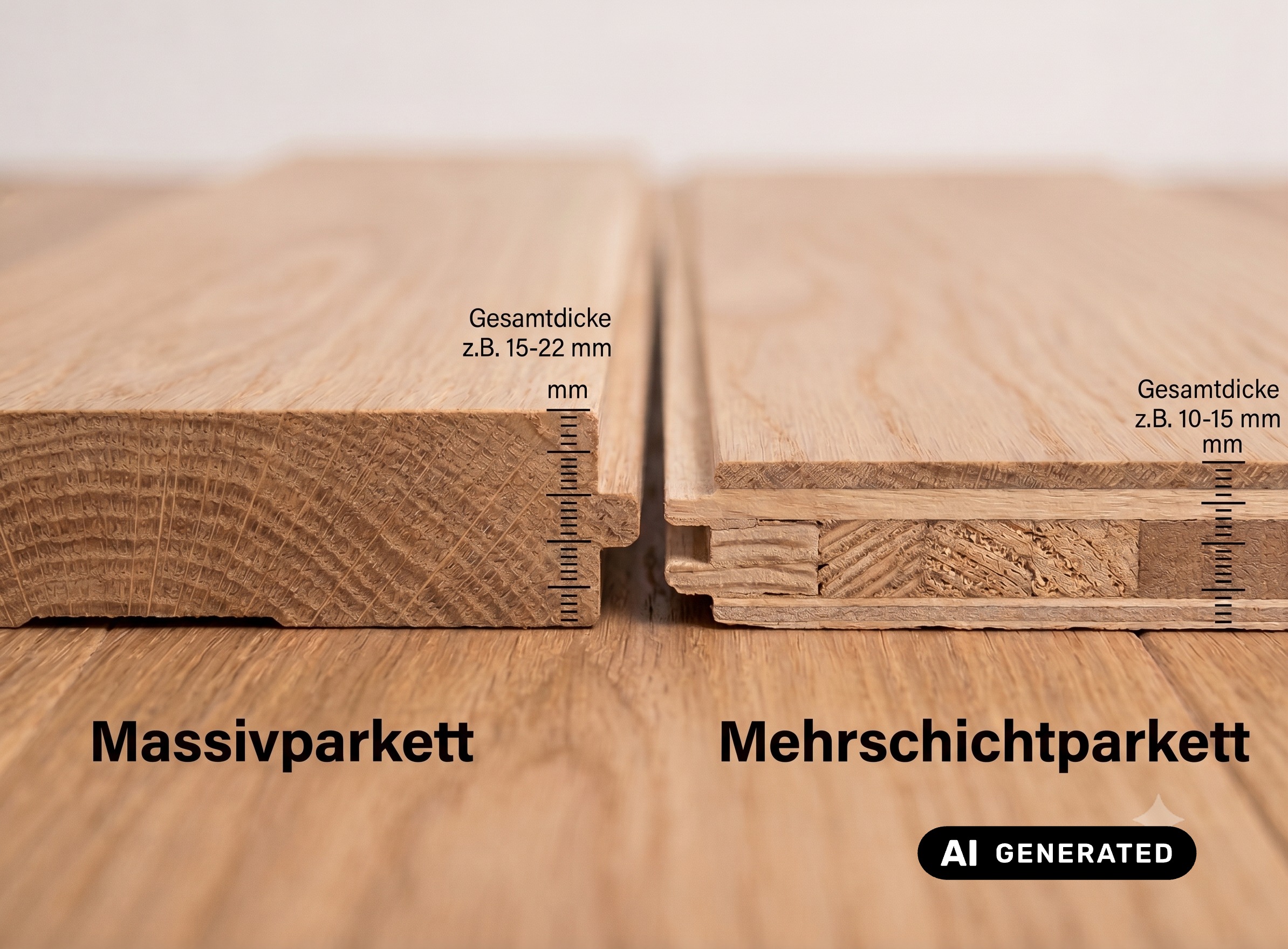Aufbau-Vergleich: Massivparkett und Mehrschichtparkett im Schnitt