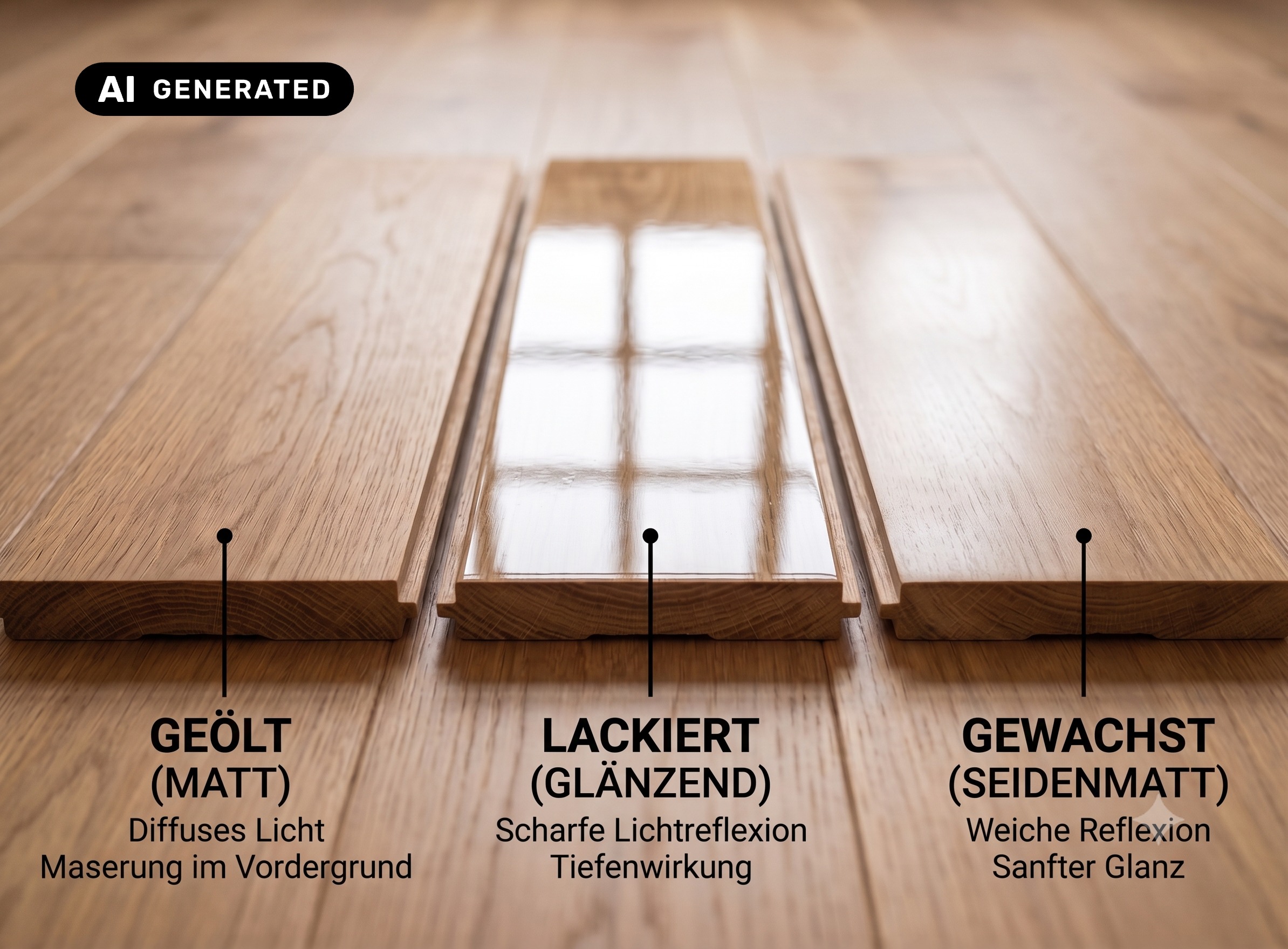 Drei Parkett-Oberflächen im Lichtvergleich: geölt, lackiert, gewachst