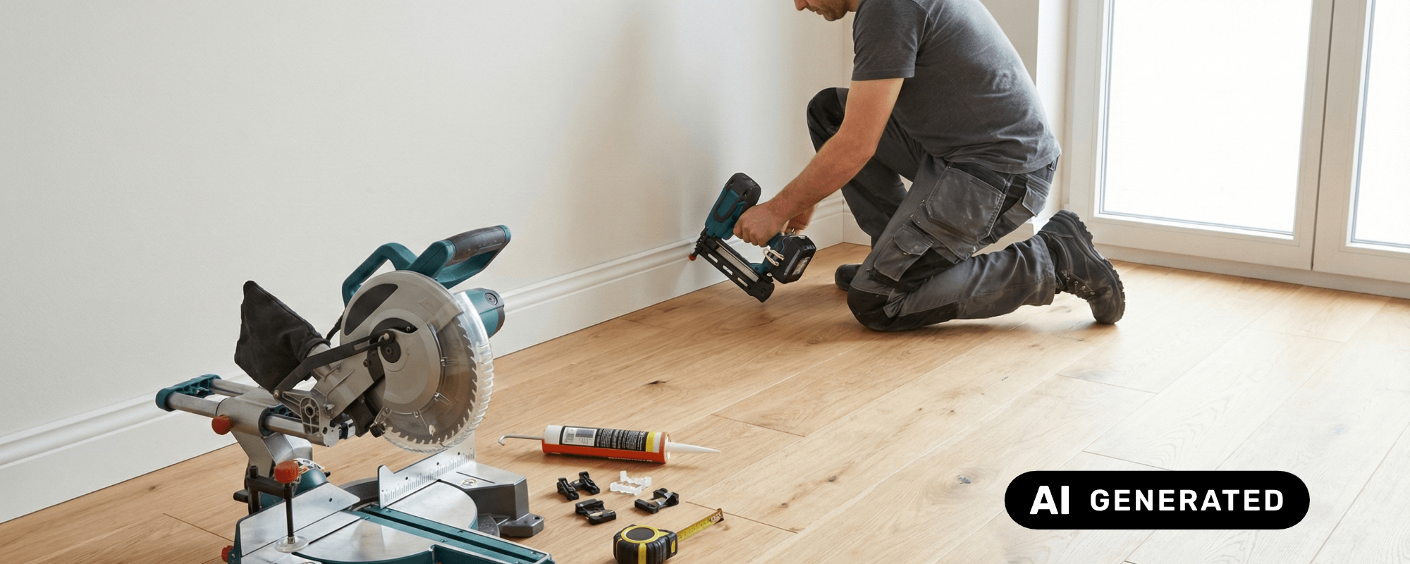 Weiße Sockelleiste mit Gehrungsschnitt wird an der Wand montiert